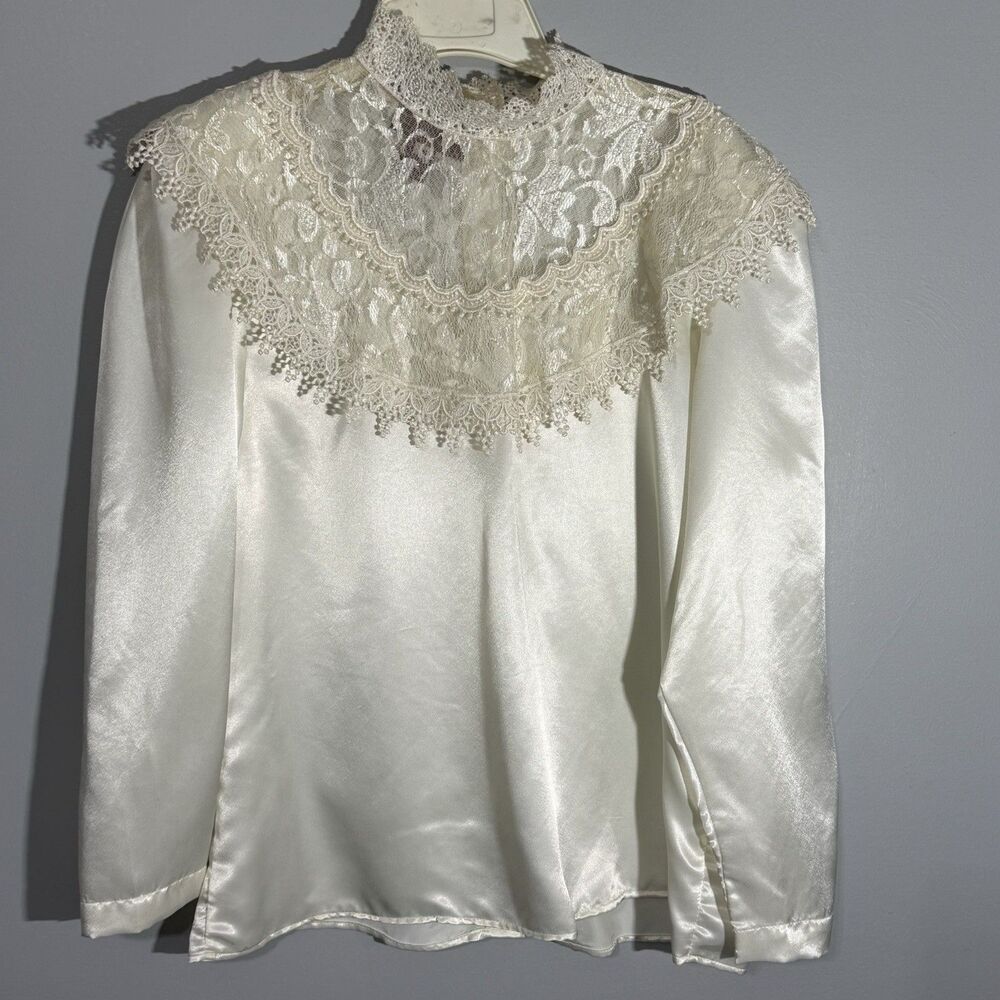 Vintage 80s Worthington Deadstock Satin Lace Blouse 16 Victorian Made USA